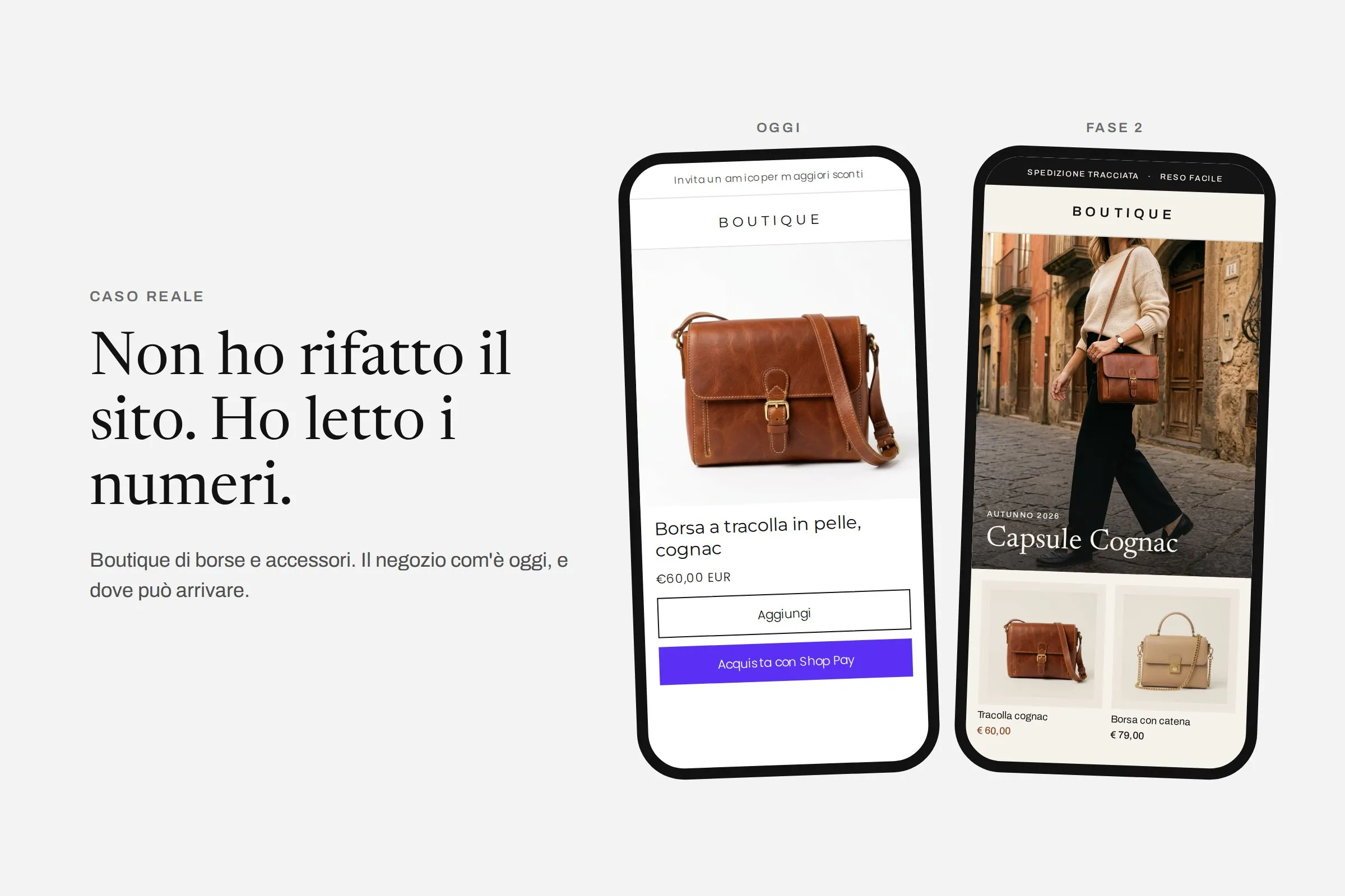 Il titolo Non ho rifatto il sito. Ho letto i numeri. e la riga Boutique di borse e accessori, il negozio com'è oggi e dove può arrivare. Accanto due telefoni. Oggi, la scheda di una borsa a tracolla cognac su fondo bianco, con il bottone Aggiungi solo bordato e sotto il bottone viola Acquista con Shop Pay. Fase 2, la home proposta, con una donna che cammina in un vicolo con la borsa a tracolla, il titolo Capsule Cognac e due borse sotto.