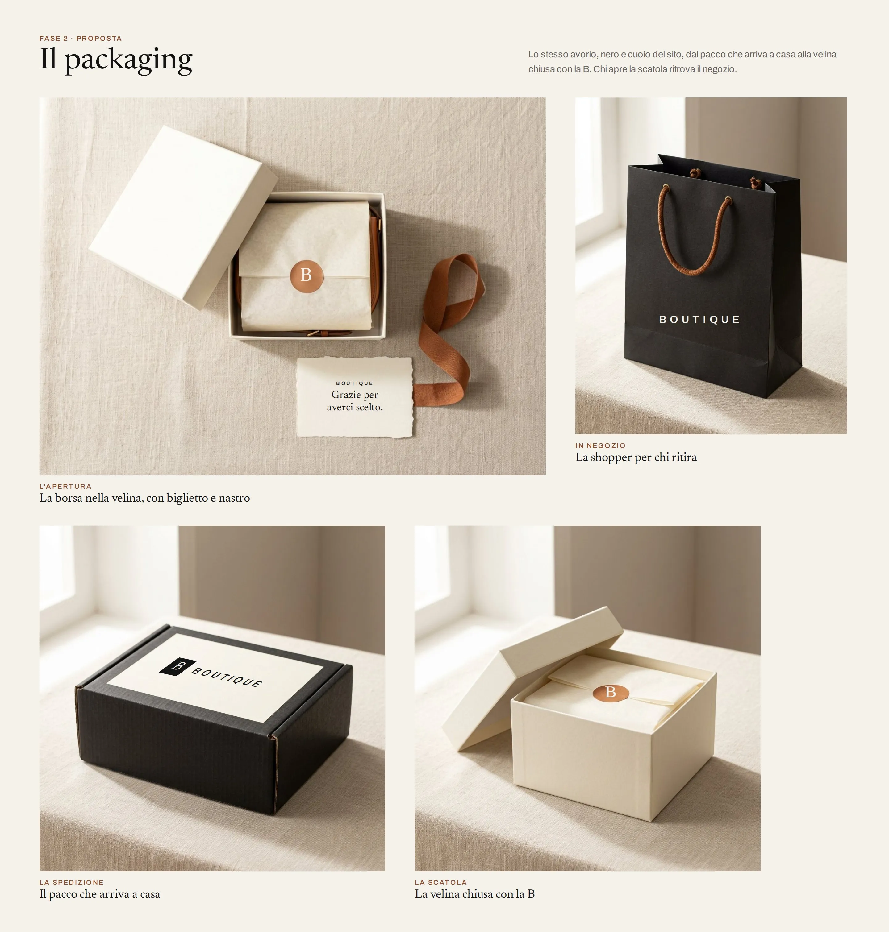 Il packaging proposto, negli stessi colori del sito. La borsa avvolta nella velina chiusa da un bollino color cuoio con la B, dentro una scatola avorio, con il biglietto Grazie per averci scelto e un nastro. La shopper nera con la scritta Boutique per chi ritira in negozio. Il pacco nero con l'etichetta Boutique che arriva a casa. La scatola avorio aperta, con la velina chiusa dalla B.