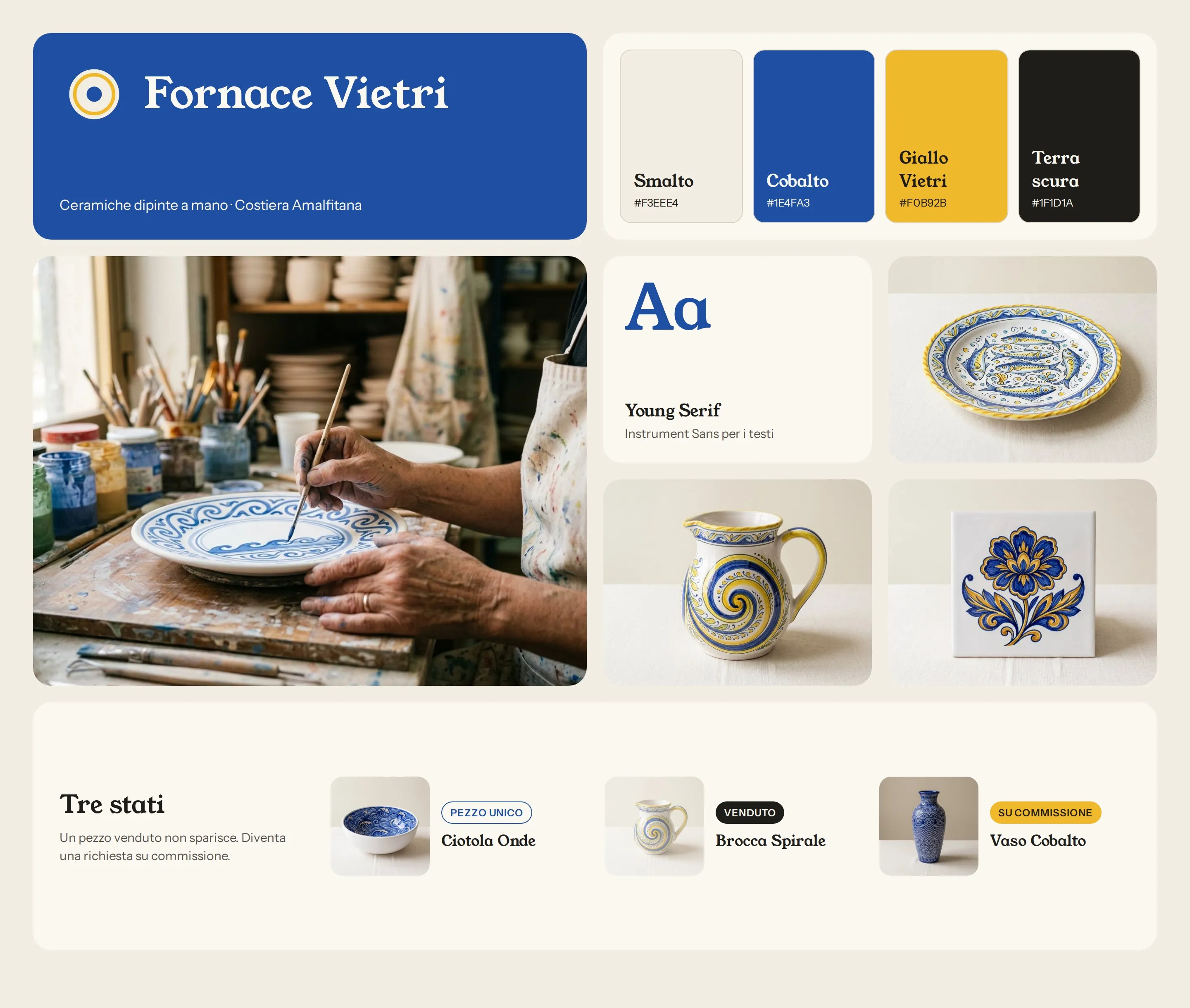 Identità del negozio. Logo a cerchi blu e giallo, quattro colori (Smalto, Cobalto, Giallo Vietri, Terra scura), il carattere Young Serif, le mani di un'artigiana che dipinge un piatto, e tre pezzi: un piatto con pesci, una brocca a spirale e una piastrella con un fiore.