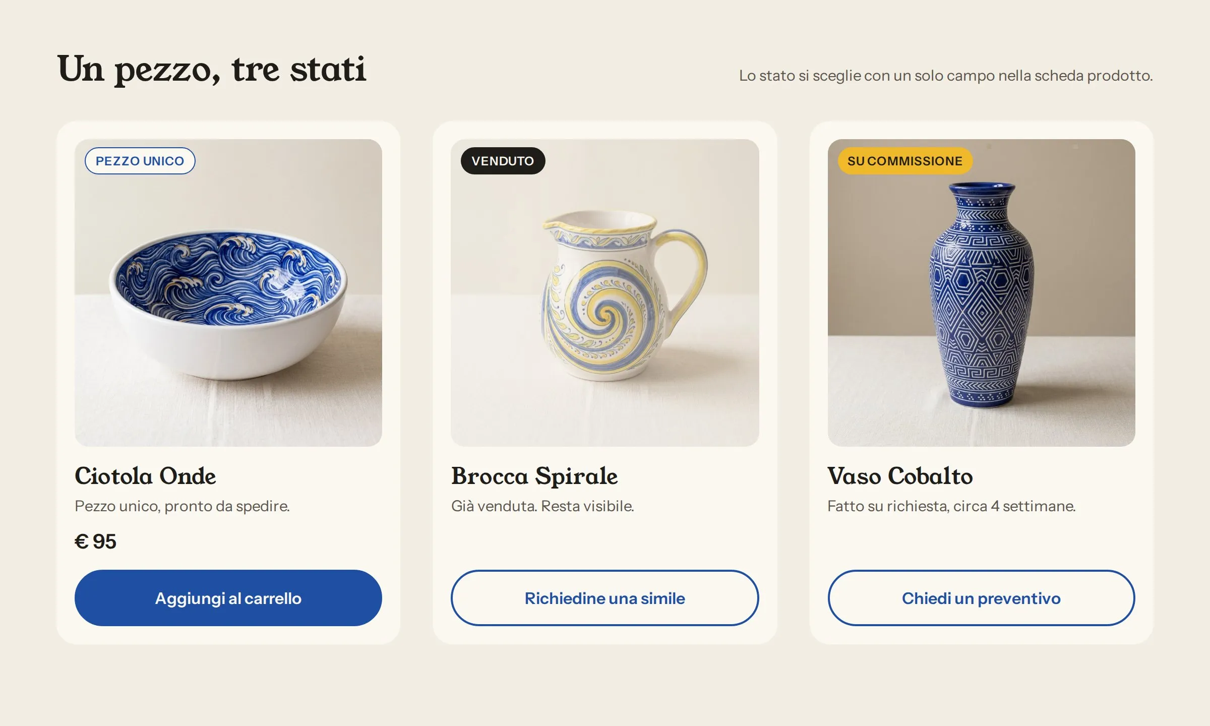 La stessa card prodotto in tre stati. Ciotola Onde, pezzo unico a 95 euro, con Aggiungi al carrello. Brocca Spirale, già venduta, senza prezzo e con Richiedine una simile. Vaso Cobalto, fatto su richiesta in circa 4 settimane, con Chiedi un preventivo.