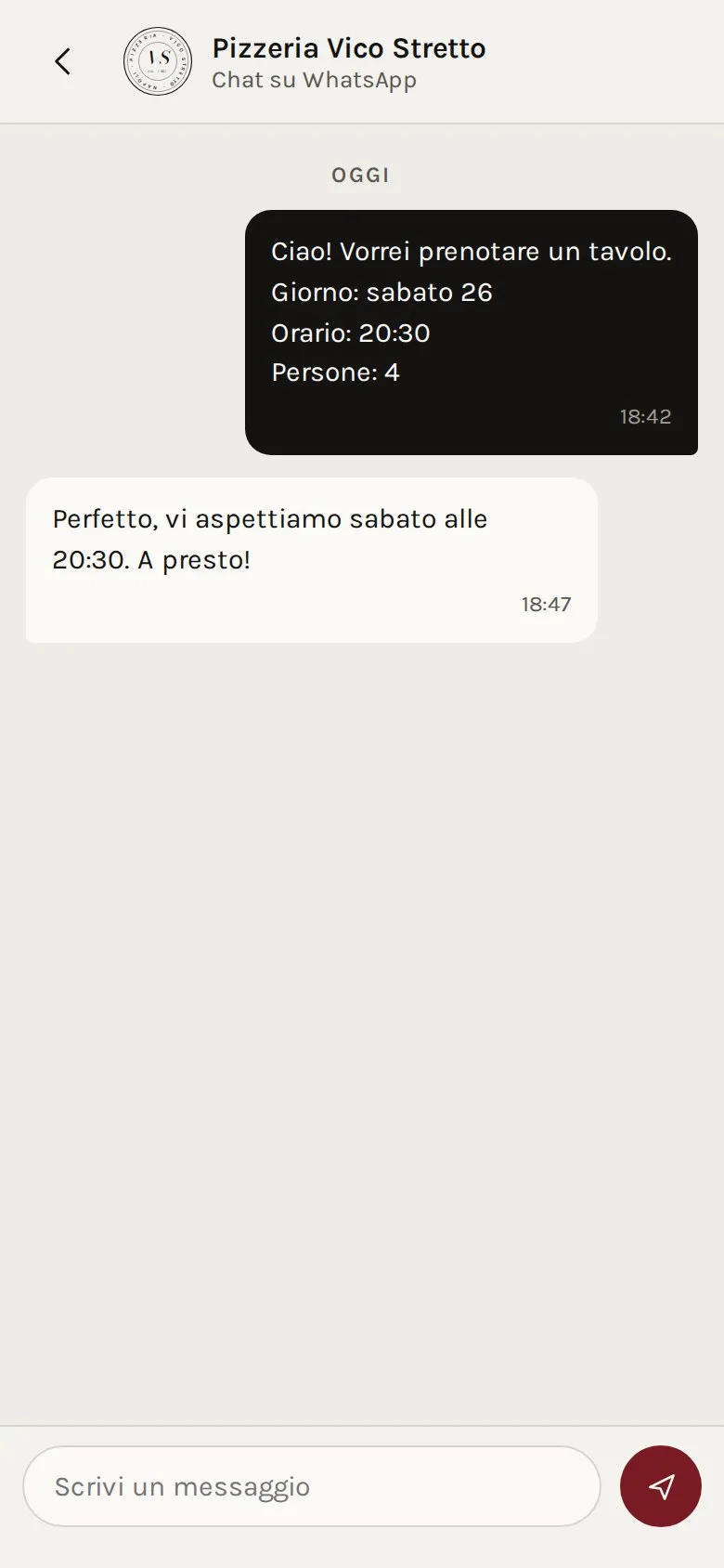La chat su WhatsApp con la pizzeria. Il messaggio già scritto con giorno sabato 26, orario 20:30 e 4 persone, e la risposta della pizzeria: Perfetto, vi aspettiamo sabato alle 20:30. A presto!